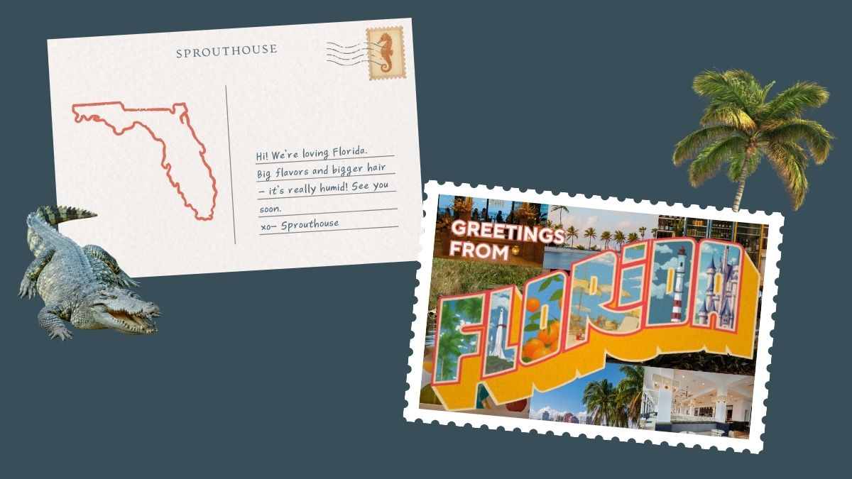 Decorative postcard-style graphic from Sprouthouse celebrating a trip to Florida, with a hand-written note, a "Greetings from Florida" vintage postcard, a crocodile, and a palm tree on a teal background