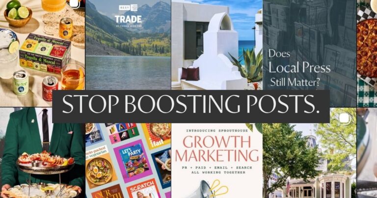 Grid of hospitality and food-and-beverage marketing images (cocktails, resort views, a seafood tower, food magazines, a growth marketing graphic), with overlaid title text "Stop Boosting Posts" and encouraging better paid social media for hotels