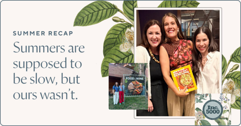 Sprouthouse Agency team summer recap: PR and communications team photo with Inc. 5000 fastest-growing private companies badge, Food & Wine event appearance, and cookbook feature.