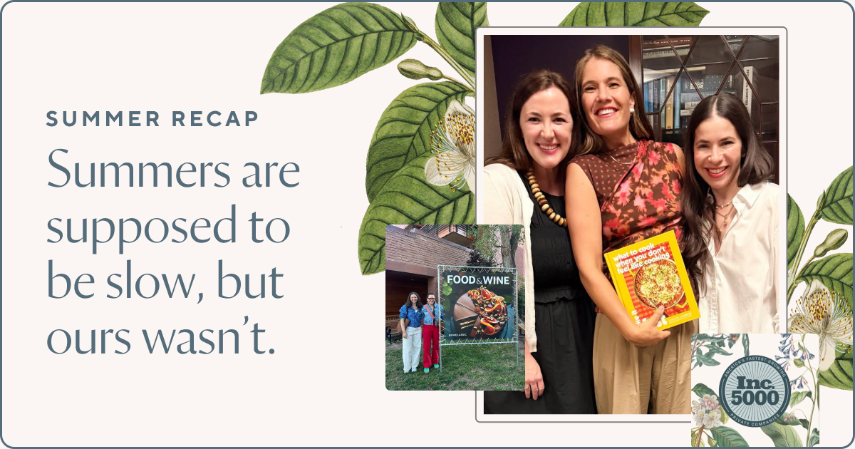 Sprouthouse Agency team summer recap: PR and communications team photo with Inc. 5000 fastest-growing private companies badge, Food & Wine event appearance, and cookbook feature.